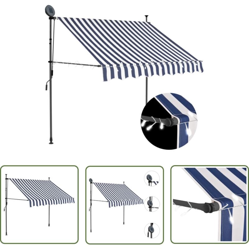 The Living Store Einziehbare Markise Handbetrieben mit LED 150 cm Blau und Weiß - Markise - Sonnenschutz - Gartendekoration - Outdoor Möbel