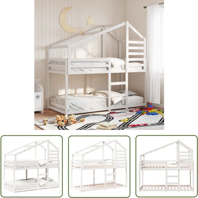 The Living Store - Etagenbett mit Dach Weiß 80x200 cm Massivholz Kiefer - Etagenbett - Hochbett - Kinderbett - Holzbett - Kiefernholz