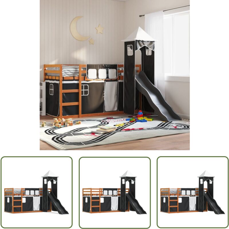 Etagenbett mit Rutsche und Gardinen Weiß und Schwarz 90x200 cm - Kinderhochbett - Holzbett - Etagenbett - Hochbett Mit Rutsche - Jugendzimmermöbel