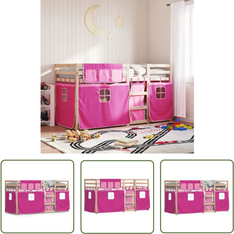 The Living Store - Etagenbett mit Vorhängen Rosa 80x200 cm Massivholz Kiefer - Kinderzimmermöbel - Hochbett - Etagenbett - Jugendbett - Holzbett