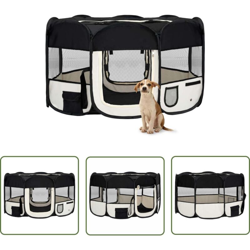 The Living Store - Faltbarer Welpenlaufstall mit Tragetasche Schwarz 145x145x61 cm - Hundeauslauf - Hundehütte - Welpenspielgehege - Transportbox Für