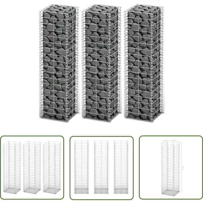 The Living Store - Gabionen-Set 3-tlg. Verzinkter Draht 25×25×100 cm - Gabionsystem - Stahltrennung - Gartenzaun - Begrenzungssystem - Mauerstein