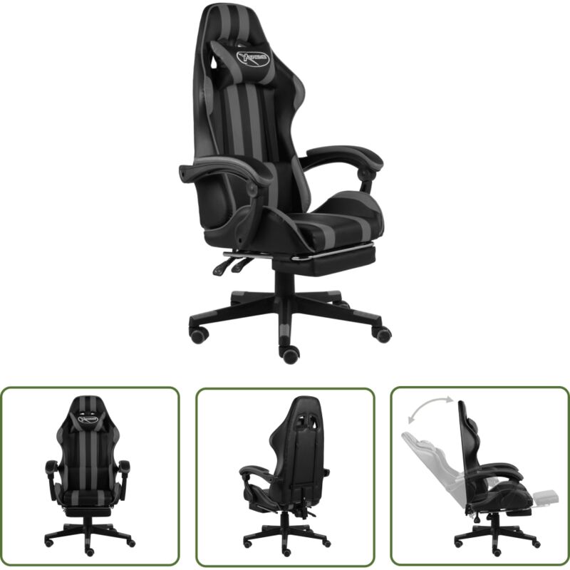 The Living Store - Gaming-Stuhl mit Fußstütze Schwarz und Grau Kunstleder - Gaming-Stuhl - Bürostuhl - Ergonomischer Stuhl - PC-Stuhl