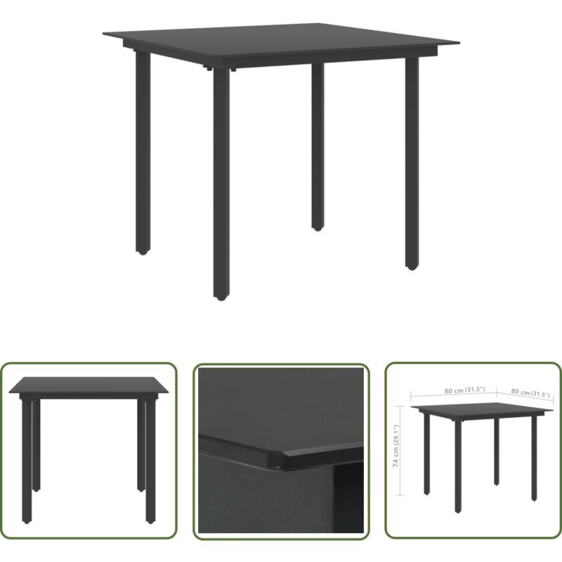 The Living Store - Garten-Esstisch Schwarz 80x80x74 cm Stahl und Glas - Gartentisch - Esstisch - Outdoor Möbel - Gartenmöbel - Stahlttisch