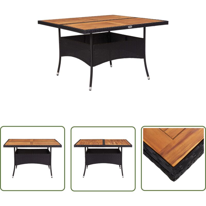 The Living Store - Garten-Esstisch Schwarz Poly Rattan und Massivholz Akazie - Gartentisch - Esstisch - Outdoortisch - Balkontisch - Terrassenmöbel