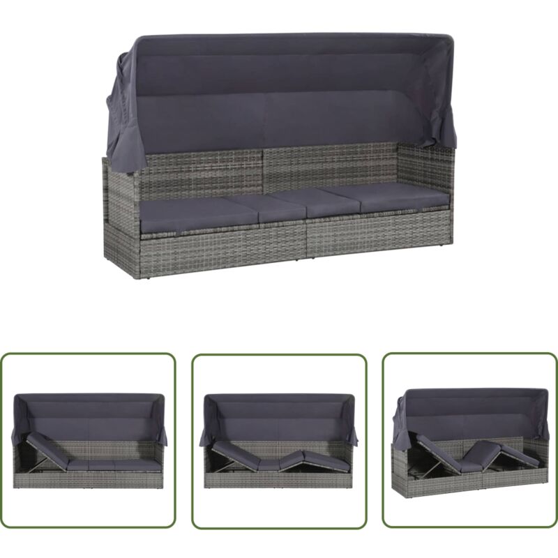 Gartenbett mit Baldachin Grau 205×62 cm Poly Rattan - Strandkorb - Gartenmöbel - Sonnenliege - Rattan Möbel - Outdoor Möbel - The Living Store