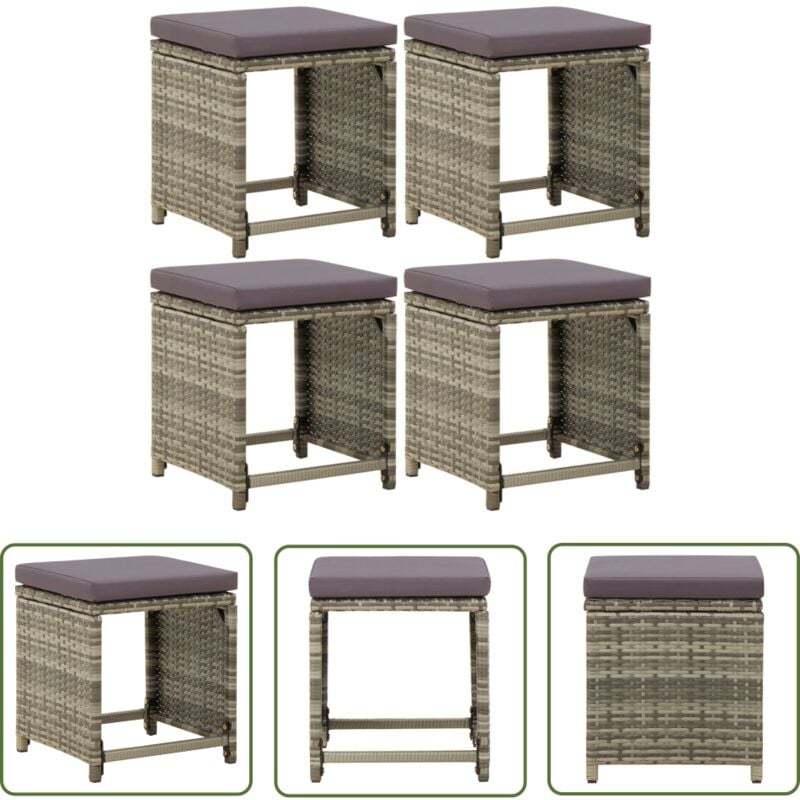 Gartenhocker 4 Stk. mit Kissen Poly Rattan Grau - Gartenhocker - Outdoor Möbel - Balkonmöbel - Rattan Möbel - Gartenstuhl - The Living Store