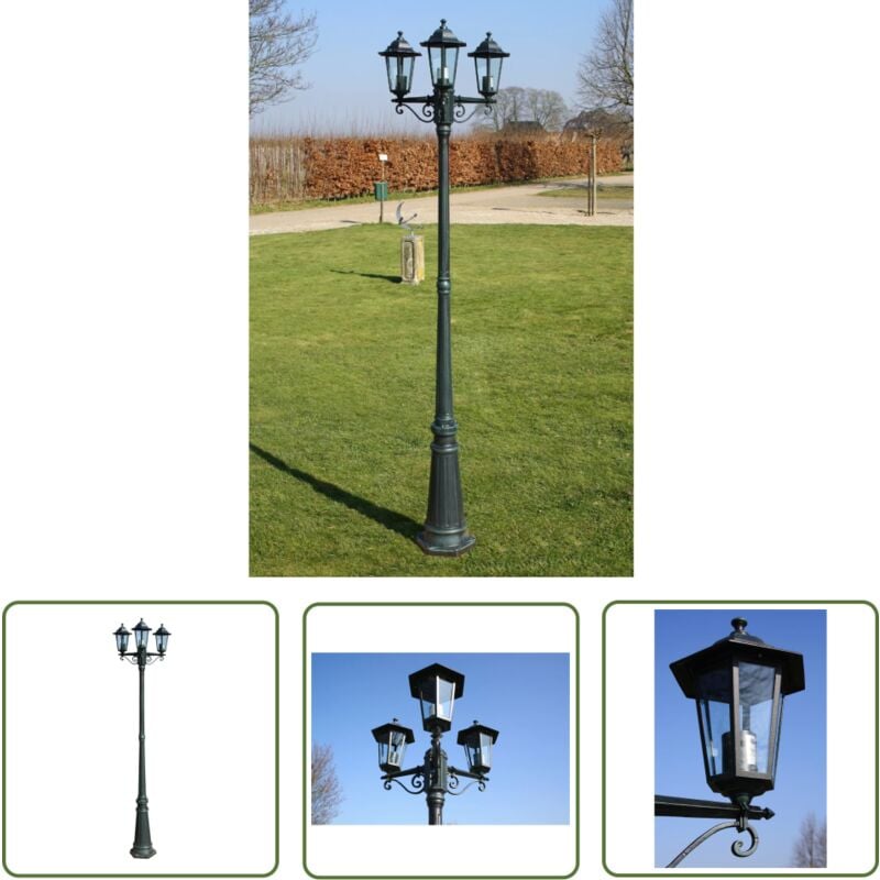 Gartenlaterne 3-flammig 215 cm Dunkelgrün/Schwarz Aluminium - Gartenleuchte - Außeleuchte - LED-Laterne - Alu-Laterne - Deko-Beleuchtung - The Living