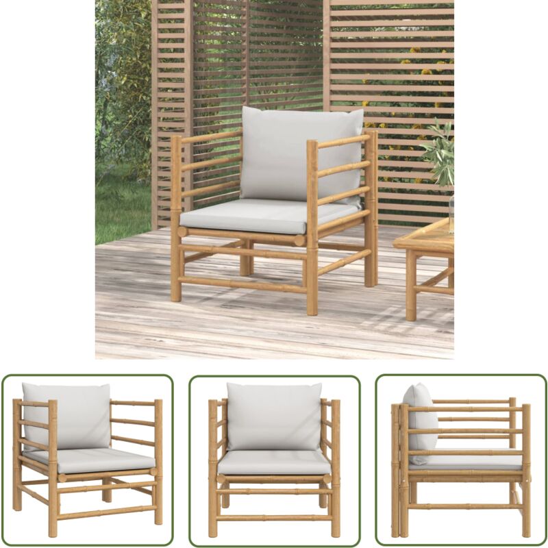 Gartensessel mit Hellgrauen Kissen Bambus - Bambussessel - Gartenstuhl - Lounge Chair - Außenmöbel - Balkonmöbel - The Living Store