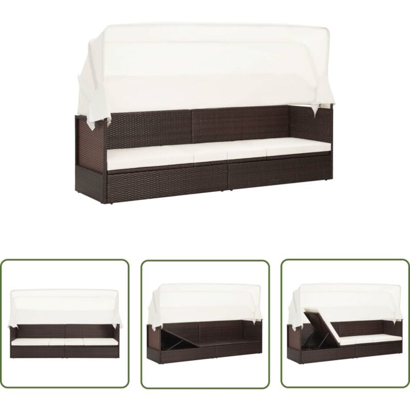 The Living Store Gartensofa mit Sonnendach Poly Rattan Braun - Gartensofa - Sonnenliege - Lounge Möbel - Outdoor Möbel - Rattan Gartenmöbel