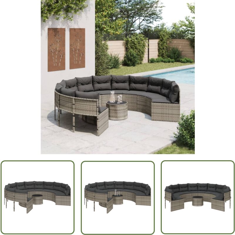 Gartensofa mit Tisch und Kissen Rund Grau Poly Rattan - Gartenmöbel - Outdoor Sofa - Rattan Gartenmöbel - Gartensofa - Lounge Set - The Living Store