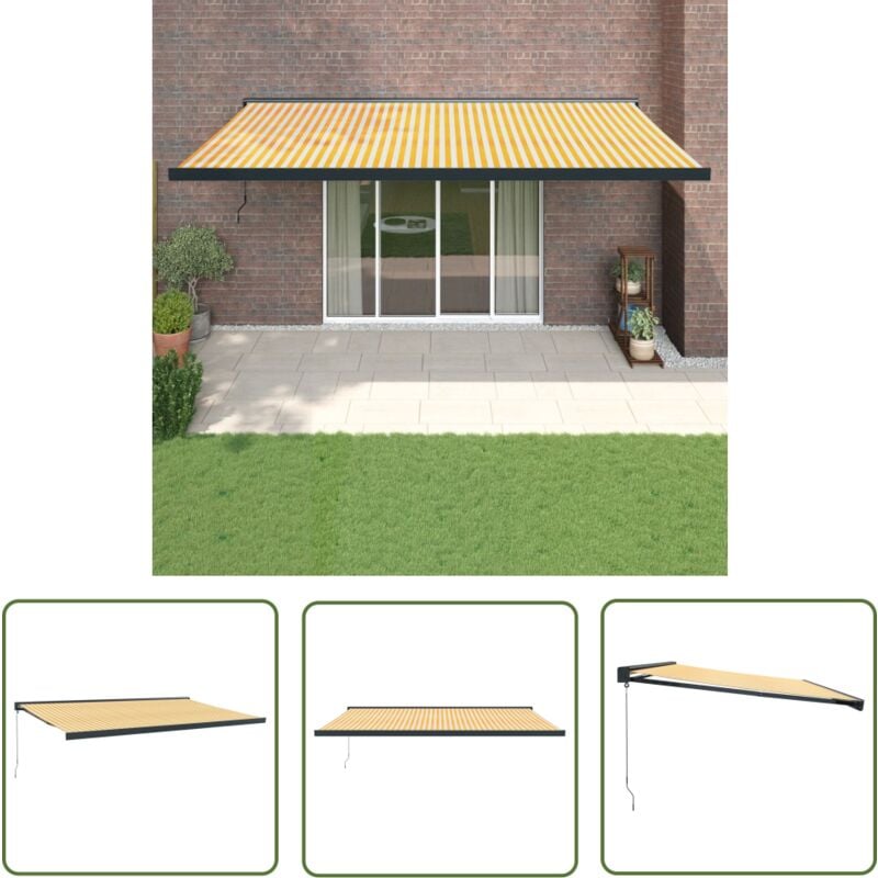 The Living Store Markise Einziehbar Gelb und Weiß 5x3 m Stoff und Aluminium - Sonnensegel - Markise - Gartensonnenblende - Terrassenüberdachung