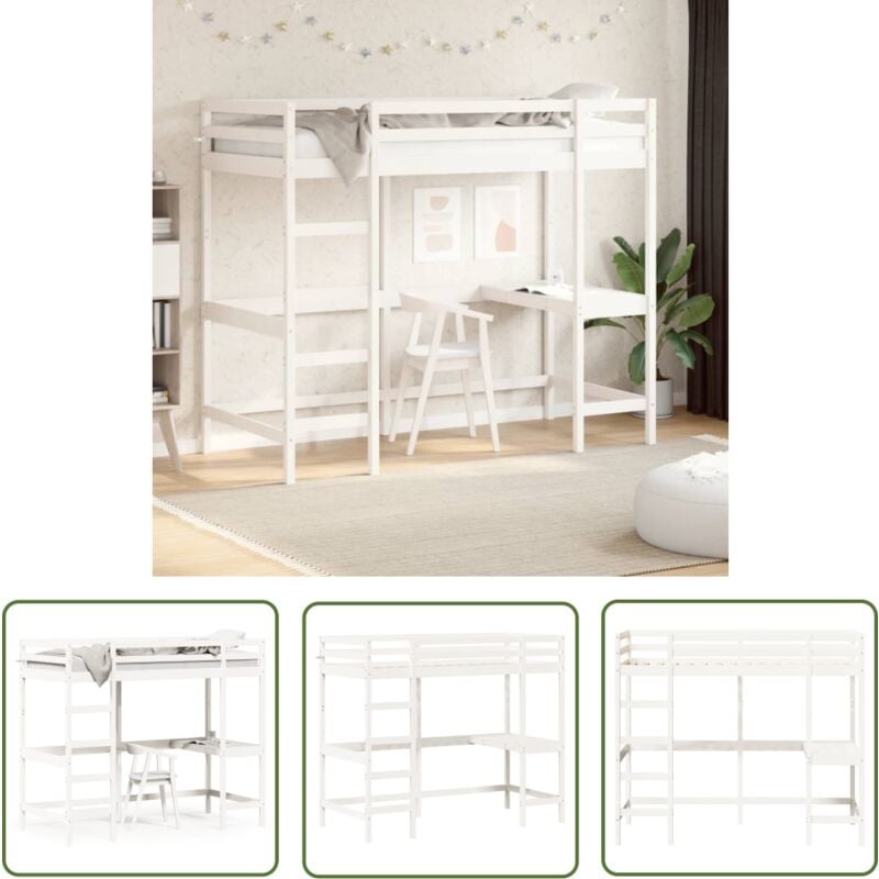 Hochbett mit Schreibtisch Weiß 100x200 cm Massivholz Kiefer - Hochbett - Jugendzimmer - Kinderschlafzimmer - Schreibtischbett - Holzbett - The Living