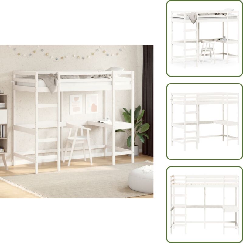 The Living Store - Hochbett mit Schreibtisch Weiß 90x200 cm Massivholz Kiefer - Hochbett - Jugendzimmer - Schreibtischbett - Kinderbett - Kiefernholz