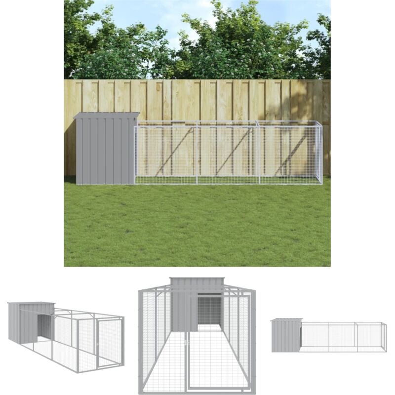 The Living Store Hundehütte mit Auslauf Hellgrau 110x405x110 cm Verzinkter Stahl - Hundehütten