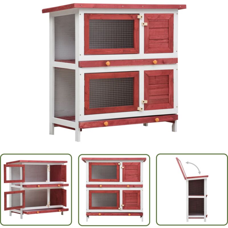The Living Store - Kaninchenstall 4 Türen Rot Holz - Kaninchenhaus - Tiergehege - Kleintiere - Holzhäuschen - Outdoor Stall
