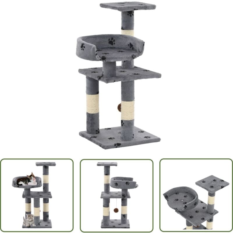 The Living Store - Katzen-Kratzbaum mit Sisal-Säulen 65 cm Pfoten-Aufdruck Grau - Katzen Kratzbaum - Sisalsäule - Katzenmöbel - Kratzbaum Grau