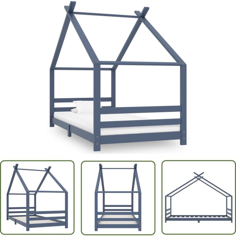 The Living Store - Kinder-Bettgestell Grau Massivholz Kiefer 90x200 cm - Holz Kinderbett - Baumhaus Bett - Kinderzimmer Dekoration - Jugendzimmer