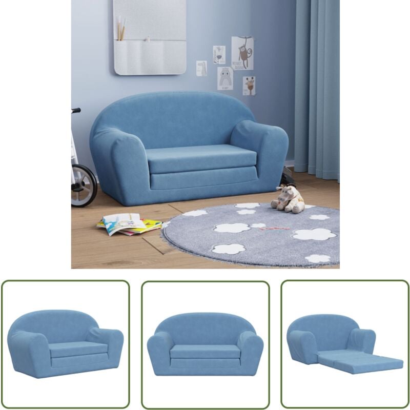 The Living Store Kinder-Schlafsofa 2-Sitzer Blau Weicher Plüsch - Kinder Couch - Kinder Sofa - Schlafsofa - Kuschelbett - Spielplatz