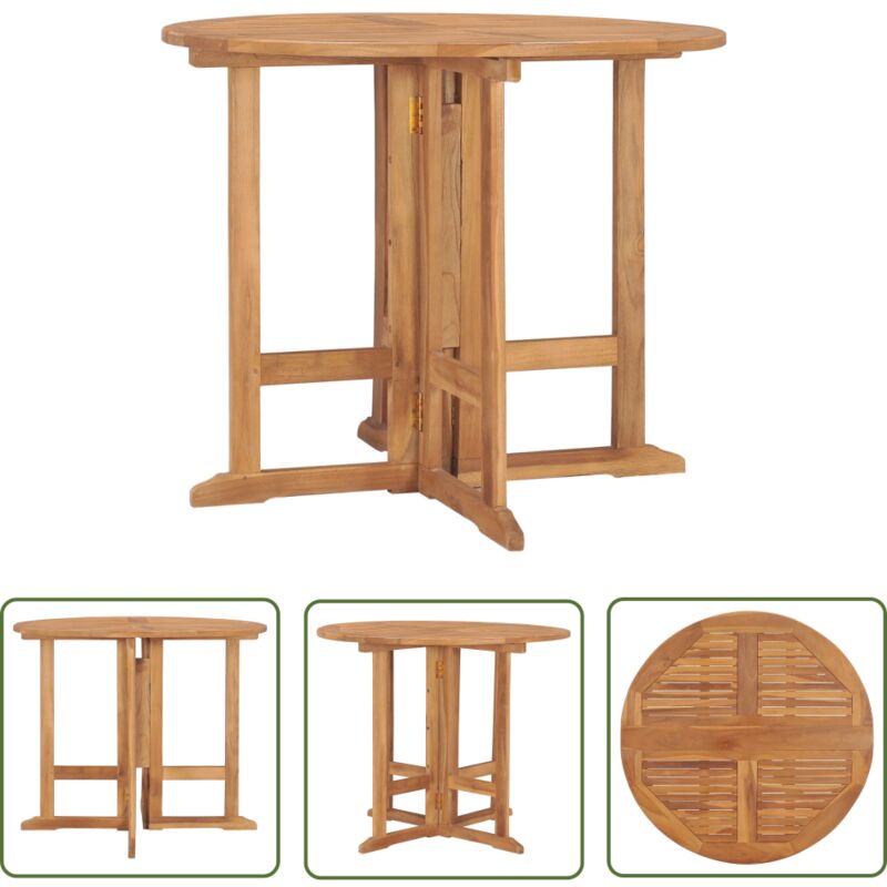 Klappbarer Garten-Esstisch Ø90x75 cm Massivholz Teak - Klappbarer Esstisch - Gartenmöbel - Teakholztisch - Outdoor Tisch - Balkontisch - The Living