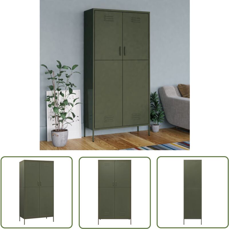 The Living Store Kleiderschrank Olivgrün 90x50x180 cm Stahl - Schlafzimmermöbel - Kleiderschrank - Garderobe - Stahlschrank - Olivgrüner Schrank