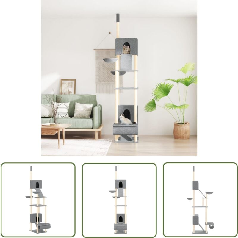 The Living Store - Kratzbaum Deckenhoch Hellgrau 277-303 cm - Katzenkratzbaum - Kratzbaum Sisal - Katzenmöbel - Katzenschlafplatz - Katzenhaus
