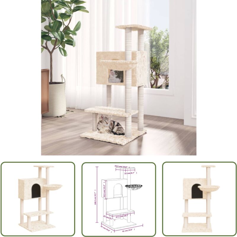 The Living Store - Kratzbaum mit Sisal-Kratzsäulen Creme 108,5 cm - Katzen Kratzbaum - Sisalkratzbaum - Katzenmöbel - Katzenturm - Spielplatz Katze