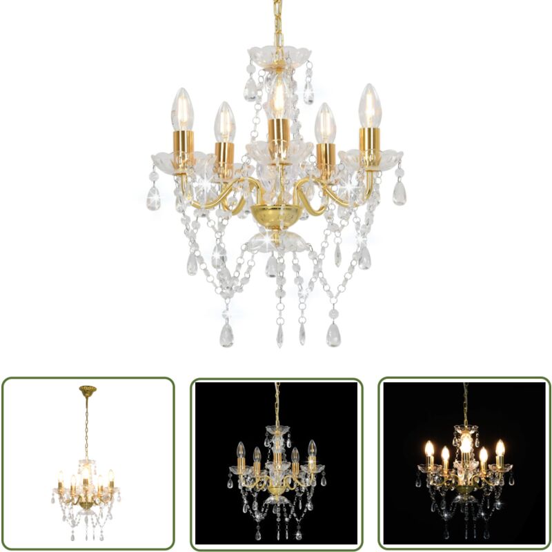 The Living Store Kronleuchter mit Perlen Golden Rund 5×E14 - Kronleuchter - Pendelleuchte - Wohnzimmer Deko - LED Lampe - Designer Lampe