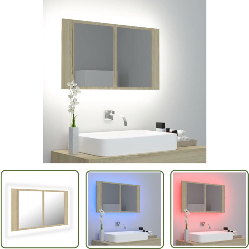 The Living Store LED-Bad-Spiegelschrank Sonoma-Eiche 80x12x45 cm Acryl - LED-Spiegelschrank - Badezimmermöbel - Acrylspiegel - Sonoma-Eiche - RGB
