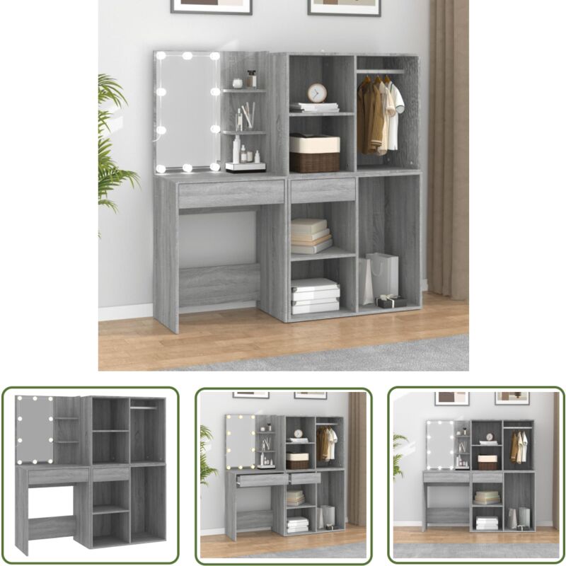 The Living Store LED-Schminktisch mit Schränken Grau Sonoma Holzwerkstoff - LED-Schminktisch - Schminktisch Mit Schubladen - Kosmetiktisch
