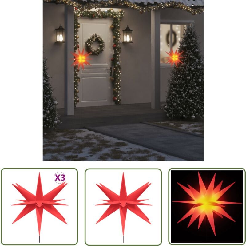 LED-Weihnachtssterne 3 Stk. mit Erdspießen Faltbar Rot 57 cm - LED-Dekoration - Weihnachtsbeleuchtung - Lichterkette - Outdoor Beleuchtung - Indoor