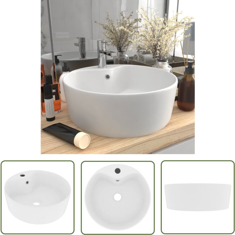 The Living Store - Luxus-Waschbecken mit Überlauf Matt-Weiß 36x13 cm Keramik - Rundes Waschbecken - Keramikwaschbecken - Mattweißes Waschbecken