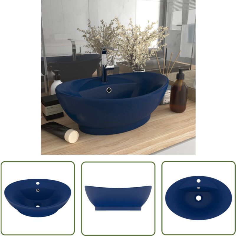 The Living Store - Luxus-Waschbecken Überlauf Matt Dunkelblau 58,5x39cm Keramik - Waschbecken - Keramikwaschbecken - Ovales Waschbecken - Mattes
