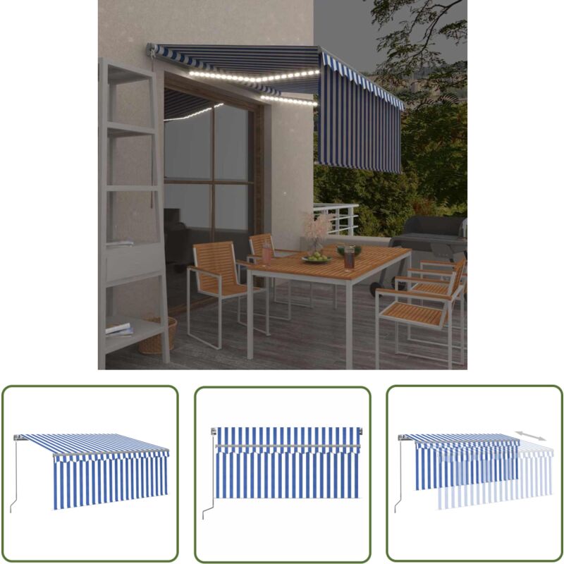 Markise Manuell Einziehbar mit Rollo & led 3,5x2,5 m Blau Weiß - Markise - Sonnenschutz - Gartenmöbeln - Terrassenüberdachung - Alu-Markise - The