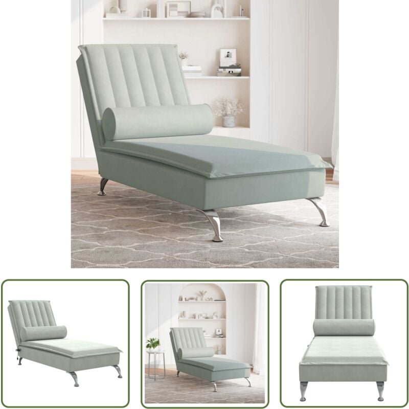 Massage-Chaiselongue mit Nackenrolle Hellgrau Samt - Chaiselongue - Massage-Funktion - Samtcouch - Wohnzimmermöbel - Relaxsessel - The Living Store