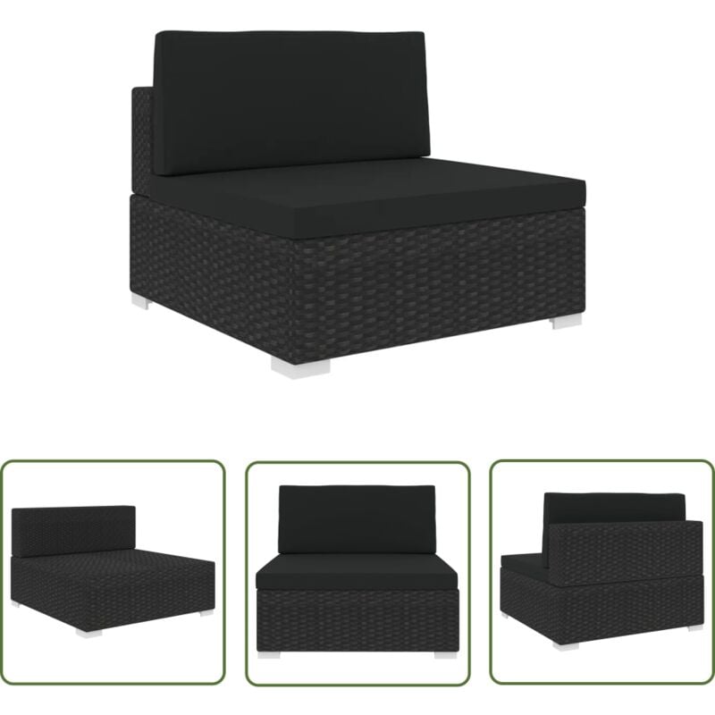 Modular-Sofa-Mittelteil 1 Stk. + Auflagen Poly Rattan Schwarz - Gartensorgausstattung - Outdoor-Sitzgruppe - Lounge Set - Modular Sofa - Rattan Sofa