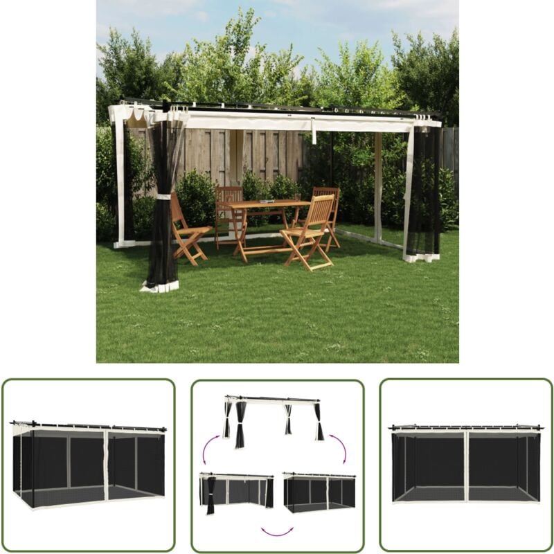 Pavillon mit Netzwänden Creme 4x3 m Stahl - Gartenzauber - Outdoor Pavillon - Sommergarten - Markise - Grillplatz - The Living Store