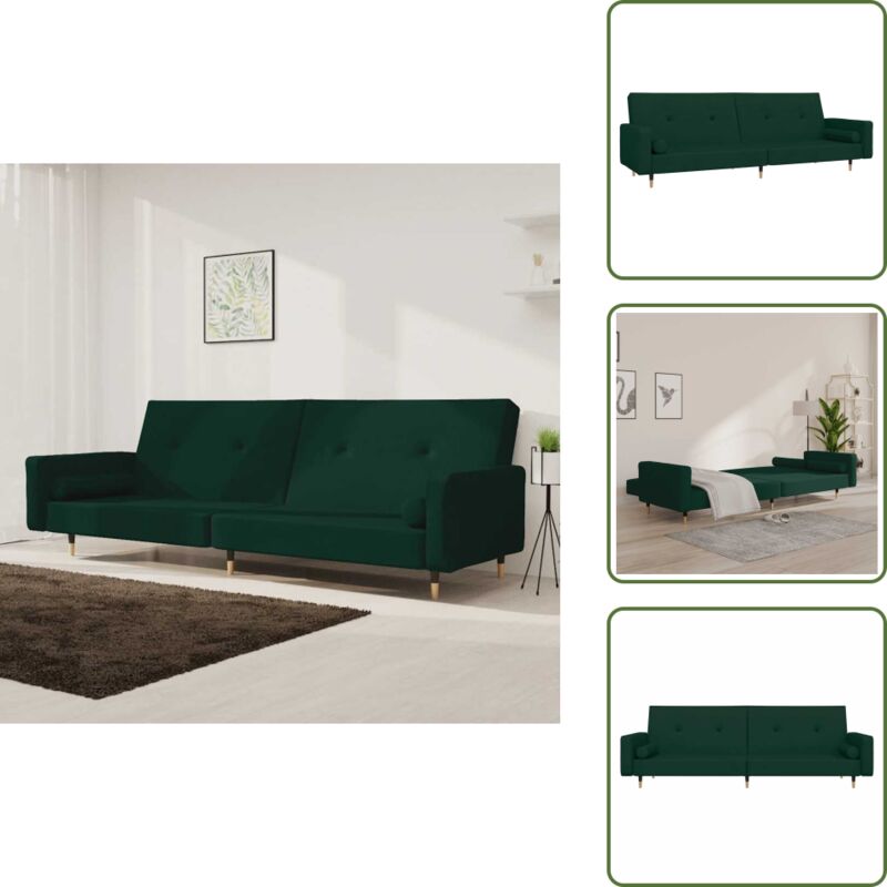 The Living Store - Schlafsofa 2-Sitzer mit 2 Kissen Dunkelgrün Samt - Samtsofa - Schlafsofa - Gästebett - Wohnzimmersofa - Couch