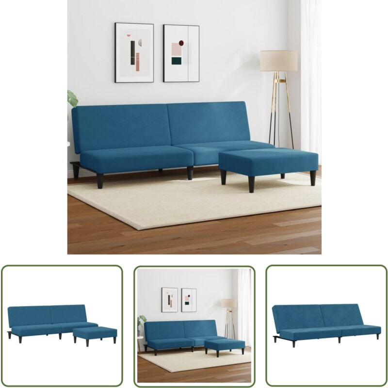 The Living Store - Schlafsofa 2-Sitzer mit Fußhocker Blau Samt - Samtsofa - Schlafsofa - Sofa Mit Betfunktion - Gästebett - Wohnraumgestaltung