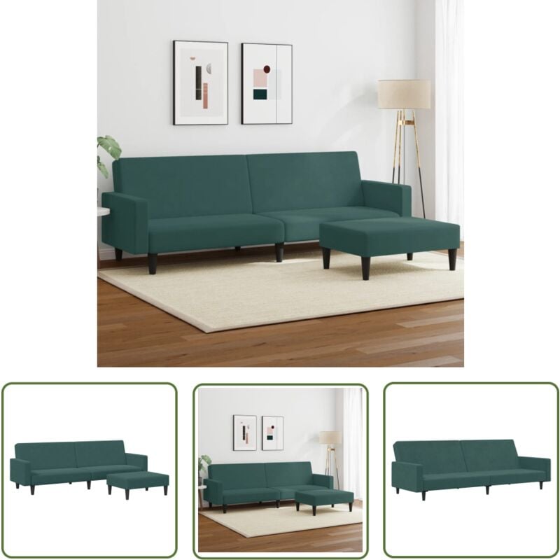 The Living Store - Schlafsofa 2-Sitzer mit Fußhocker Dunkelgrün Samt - Samtsofa - Schlafsofa - Sofa Mit Betfunktion - Gästebett - Wohnzimmersofa