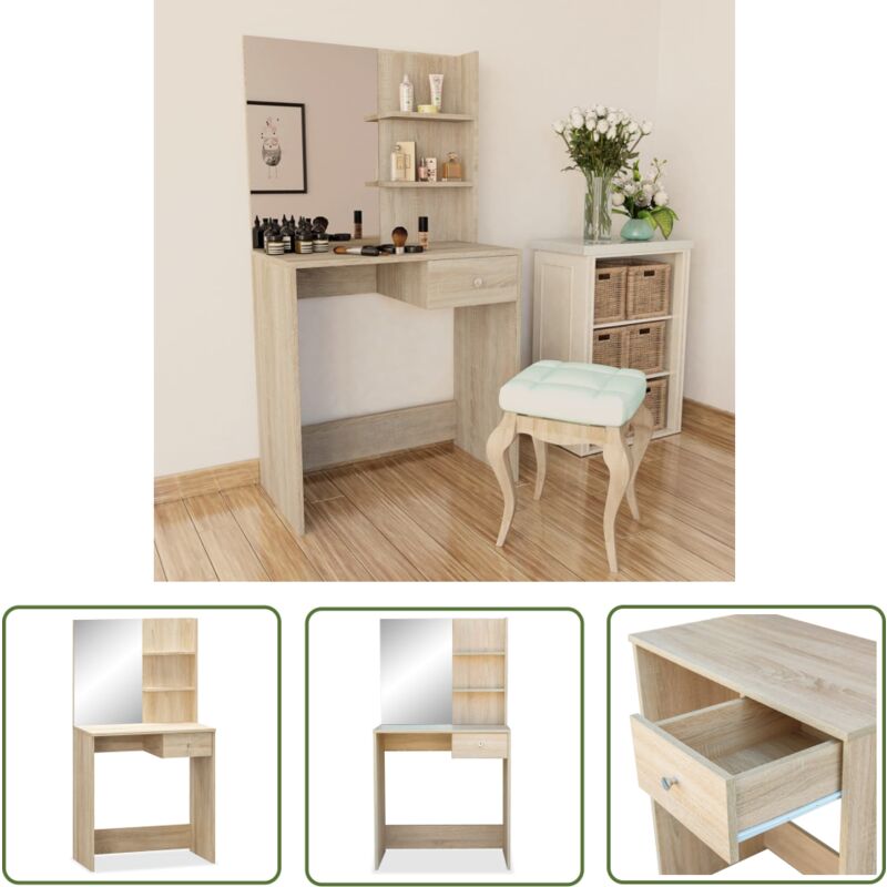 The Living Store - Schminktisch Holzwerkstoff 75x40x141 cm Eiche - Schminktisch - Kosmetiktisch - Make Up Tisch - Badezimmer Möbel - Spiegelschrank