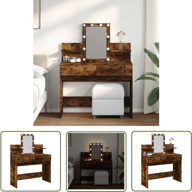 The Living Store - Schminktisch mit LED-Beleuchtung Räuchereiche 100x40x130 cm - Schminktisch - Kosmetikschrank - Schreibtisch - Badezimmermöbel