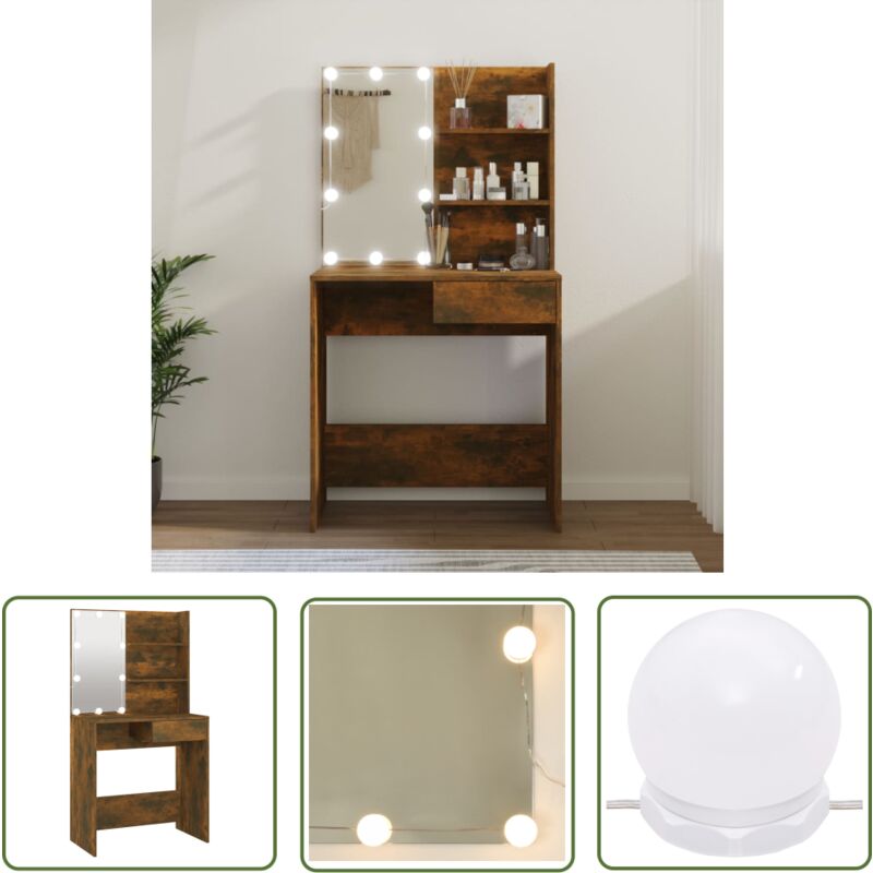 The Living Store Schminktisch mit led Braun Eiche 74,5x40x141 cm - Schminktisch - Kosmetiktisch - Make-up Tisch - Holzwerkstoff - led Beleuchtung