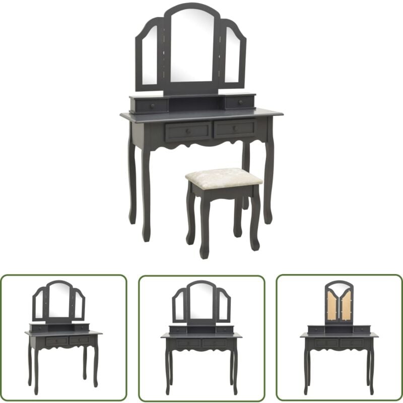 Schminktisch-Set mit Hocker Grau 100x40x146 cm Paulownia-Holz - Schminktisch - Kosmetiktisch - Make Up Tisch - Victoria Style - Grau - The Living