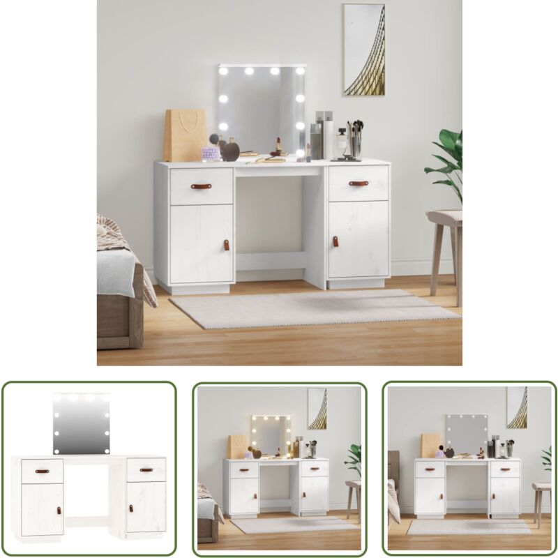 The Living Store Schminktisch-Set mit LED Weiß Massivholz Kiefer - Schminktisch - Kosmetiktisch - LED Beleuchtung - Holzmöbel - Kiefernholz