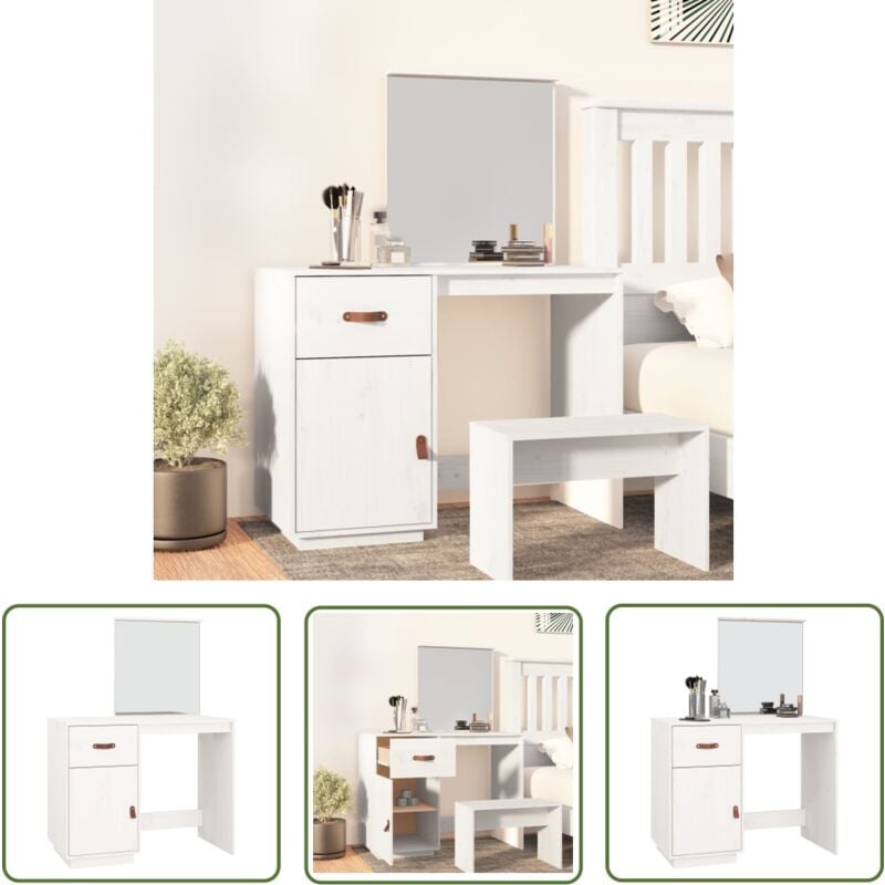 Schminktisch Weiß 95x50x134 cm Massivholz Kiefer - Schminktisch - Kosmetikschrank - Badezimmermöbel - Spiegelschrank - Makeup Tisch - The Living Store