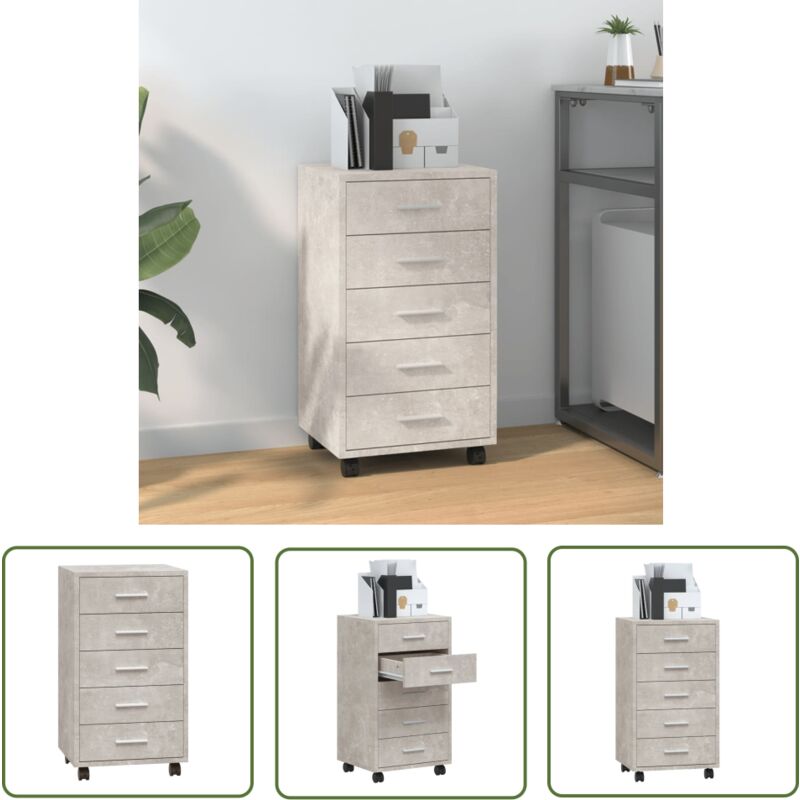 Schubladenschrank mit Rollen Betongrau Holzwerkstoff - Holzschrank - Schreibtischorganisation - Bürobedarf - Rollcontainer - Schubladenschrank Grau