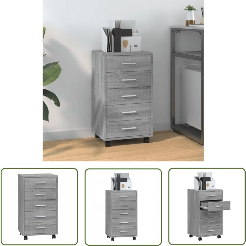 The Living Store - Schubladenschrank mit Rollen Grau Sonoma Holzwerkstoff - Holzschrank - Schreibtischorganizer - Rollcontainer - Bürobedarf