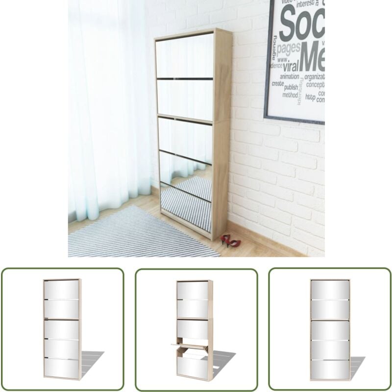 The Living Store Schuhschrank mit 5 Fächern Spiegel Eiche 63x17x169,5 cm - Spiegel-Schuhschrank - Schuhschrank - Eichenholz - Garderobe - Flurumgebung