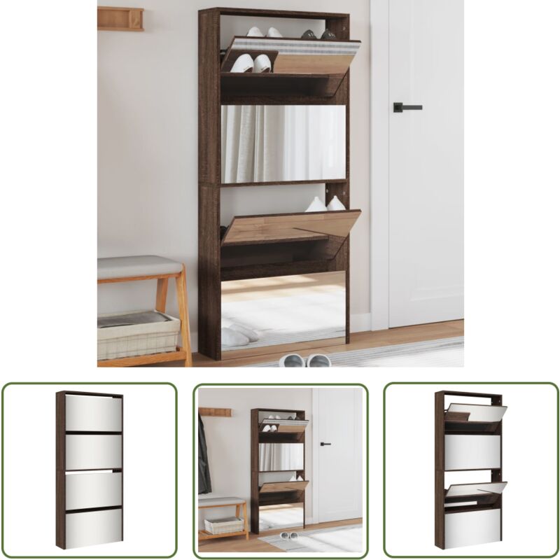The Living Store - Schuhschrank mit Spiegel 4 Fächer Braun Eiche-Optik 63x17x134cm - Schuhschrank - Schuhregal - Holzwerkstoffmöbel - Garderobe